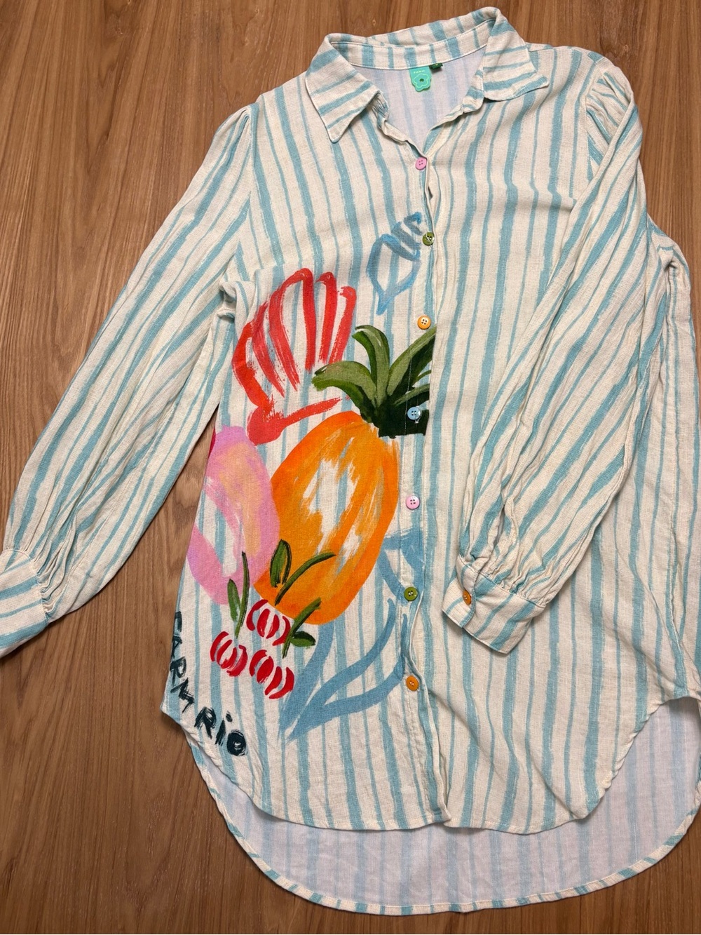 FARM Rio Teal Stripe Button-Down Tunic with Hand-Painted Fruit